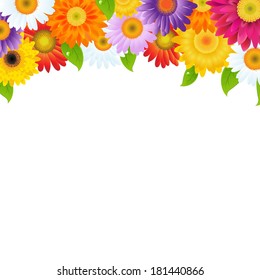 Color Gerbers Flower Frame With Green Leaves, With Gradient Mesh, Vector Illustration