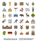 Color Germany landmarks, food, industry and travel outline icons. German culture, Europe travel line icons. Timbered house, beer tankard, alps and sausage, boar, deer and Brandenburg gate