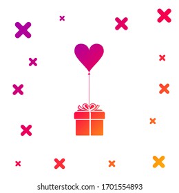 Color Gift with balloon in shape of heart icon isolated on white background. Valentine's day, wedding, birthday card. Gradient random dynamic shapes. Vector Illustration