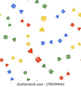 Color Gift with balloon in shape of heart icon isolated seamless pattern on white background. Valentine's day, wedding, birthday card.  Vector