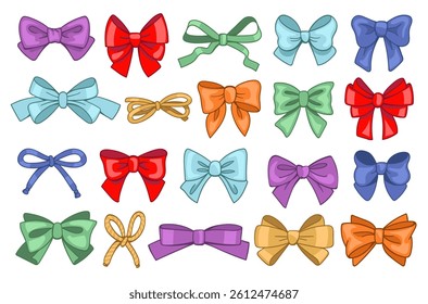 Color gift bows. Holiday decorations, presents packaging elements, hair and hairstyle ribbons, birthday party, colorful events, isolated decorative elegant satin accessories, splendid vector set