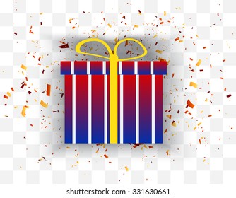 color gift box with confetti background. Vector illustration