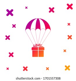 Color Gift box flying on parachute icon isolated on white background. Delivery service, air shipping concept, bonus concept. Gradient random dynamic shapes. Vector Illustration