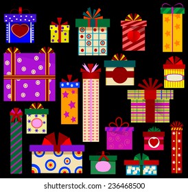 Color gift boxes icons collection. Retro style