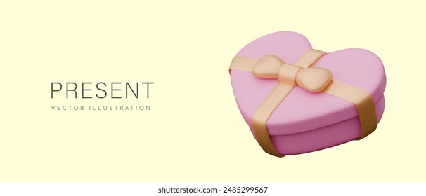 Color gift concept in 3D style. Pink box with gold ribbon on yellow background