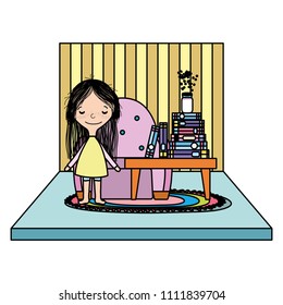 color girl with flowers vase and books over table