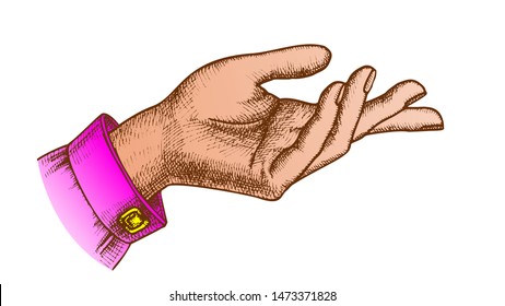 Color Girl Hand Gesture Show Direction Handdrawn Vector. Index Finger Arrow Suggesting Direction Course. Female Gesturing Designed In Vintage Style Closeup Illustration