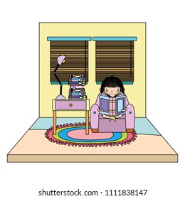 color girl sitting chair and reading book