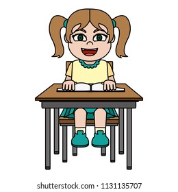 color girl sitting school chair with a book