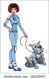 color Girl in stylish combination with a dog-robot