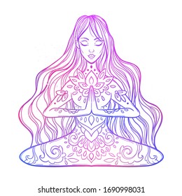  Color Girl in a yoga pose. Meditation. Vector illustration in ethnic, boho styles. For decorate the studio logo, things: Mat, lengsy, bottle, T-shirt. Bohemian Vibes