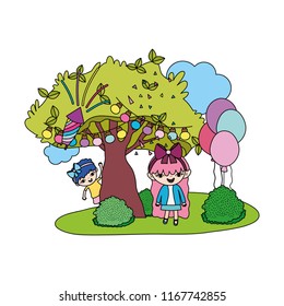 color girls children friends with tree and balloons