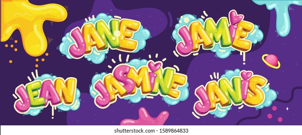 color girls name inscription set. Jane, Jamie, Jean, Jasmine, Janis. vector kids illustration