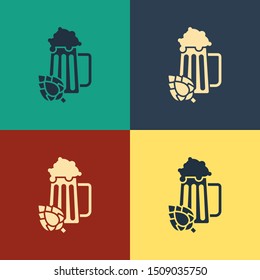 Color Glass of beer and hop icon isolated on color background. Vintage style drawing. Vector Illustration