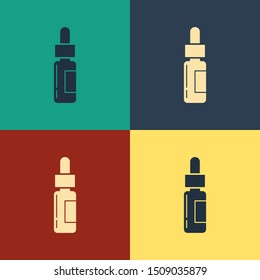 Color Glass bottle with a pipette. Vial with a pipette inside icon isolated on color background. Container for medical and cosmetic product. Vintage style drawing. Vector Illustration