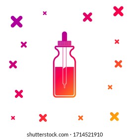 Color Glass bottle with a pipette. Vial with a pipette inside and closed lid icon on white background. Container for medical and cosmetic product. Gradient random dynamic shapes. Vector Illustration