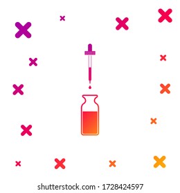 Color Glass bottle with a pipette. Vial with a pipette inside and closed lid icon on white background. Container for medical and cosmetic product. Gradient random dynamic shapes. Vector Illustration