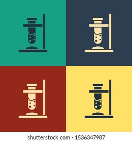 Color Glass test tube flask on fire heater experiment icon isolated on color background. Laboratory equipment. Vintage style drawing. Vector Illustration