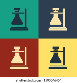 Color Glass test tube flask on stand icon isolated on color background. Laboratory equipment. Vintage style drawing. Vector Illustration