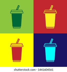 Color Glass with water icon isolated on color backgrounds. Soda drink glass with drinking straw. Fresh cold beverage symbol. Vector Illustration