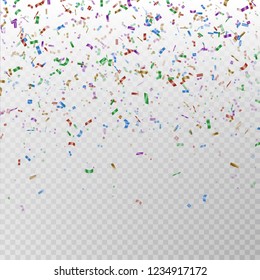 Color glitter confetti vector. Carnaval paper tinsel texture isolated on background. Party colorful confetti effect. Falling glitter particles decoration. New year and Xmas illustration.