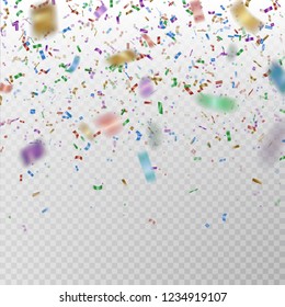 Color glitter confetti vector. Carnaval paper tinsel texture isolated on background. Party confetti with defocused pieces effect. Falling glitter particles decoration. New year and Xmas illustration.