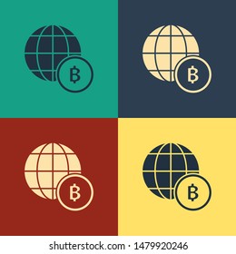 Color Globe and cryptocurrency coin Bitcoin icon isolated on color background. Physical bit coin. Blockchain based secure crypto currency. Vintage style drawing. Vector Illustration