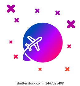 Color Globe with flying plane icon isolated on white background. Airplane fly around the planet earth. Aircraft world icon. Gradient random dynamic shapes. Vector Illustration