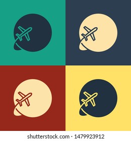 Color Globe with flying plane icon isolated on color background. Airplane fly around the planet earth. Aircraft world icon. Vintage style drawing. Vector Illustration