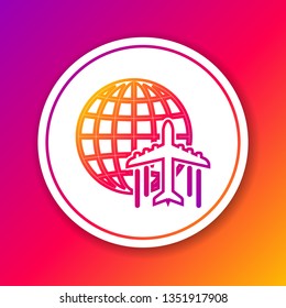 Color Globe with flying plane line icon isolated on color background. Airplane fly around the planet earth. Aircraft world icon. Circle white button. Vector Illustration