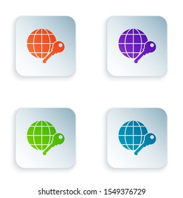 Color Globe key icon isolated on white background. Set icons in colorful square buttons. Vector Illustration