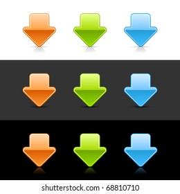 Color glossy arrow down icon web 2.0 buttons with reflection and shadow on white, gray and black