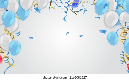 Color Glossy Balloons azul blanco y fondo de fiesta Ilustración Vector para tarjeta de invitación, folleto de fiesta, banner.