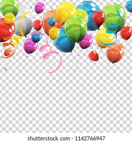 Color Glossy Balloons and Confetti on Transparent Checked Background Vector Illustration eps10