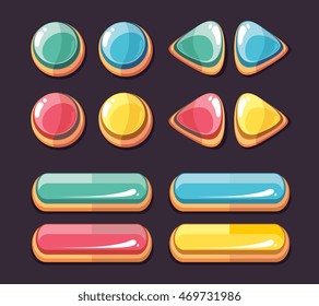 Color glossy buttons round and rectangle. Set of icons for computer games user interface. Vector illustration