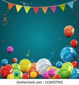 Color Glossy Happy Birthday Balloons Banner Background Vector Illustration EPS10
