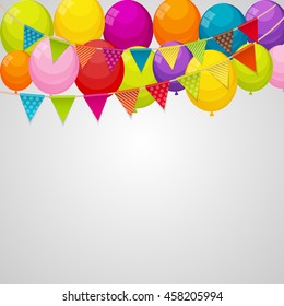 Color Glossy Happy Birthday Balloons Banner Background with Party Flag Garland Vector Illustration EPS10
