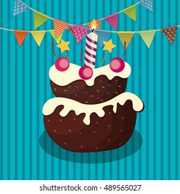 Color Glossy Happy Birthday Balloons, Flags and Cake Banner Background Vector Illustration EPS10