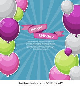 Color Glossy Happy Birthday Balloons Banner Background Vector Illustration EPS10