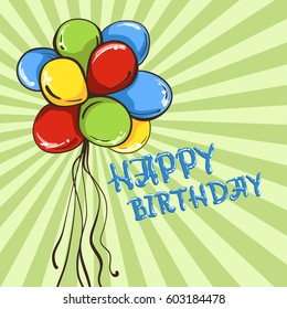 Color glossy Happy Birthday balloons on green background with sun rays, Party banner. Vector illustration