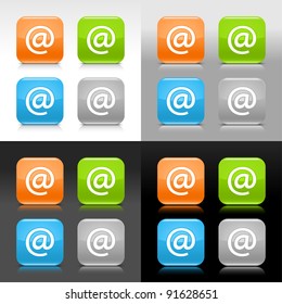 Color glossy web internet button with at sign. Rounded square icon with shadow and reflection on four background. This vector saved in 8 eps. Do not contain effects and transparency