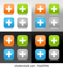 Color glossy web internet button with add sign. Rounded square icon with shadow and reflection on four background. This vector saved in 8 eps. Do not contain effects and transparency