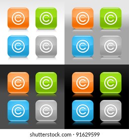 Color glossy web internet button with copyright sign. Rounded square icon with shadow and reflection on four background. This vector saved in 8 eps. Do not contain effects and transparency