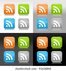 Color glossy web internet button with RSS feed sign. Rounded square icon with shadow and reflection on four background. This vector saved in 8 eps. Do not contain effects and transparency