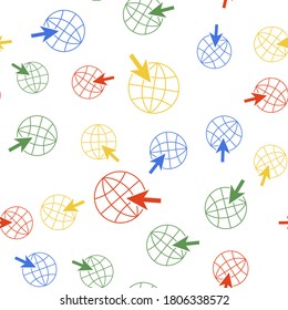 Color Go To Web icon isolated seamless pattern on white background. Globe and cursor. Website pictogram. World wide web symbol. Vector.