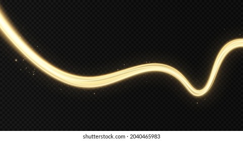 Ola de color dorado con efecto brillante sobre el fondo oscuro. El polvo amarillo chispas amarillas y las estrellas doradas brillan con luz especial.
