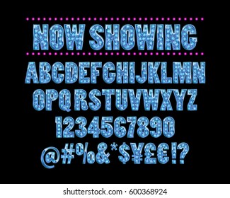 Color Golden alphabet with show lamps isolated on black background.