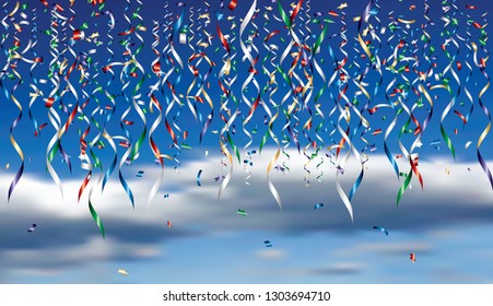 color golden and silver confetti over the cloudy sky, vector editable illustration