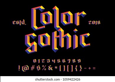 Color gothic alphabet. Bright modern 3D effect letters. For best logo, slogan, fachion and package design. Vector illustration