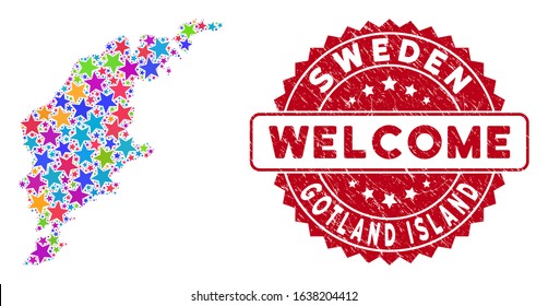 Color Gotland Island map composition of stars, and textured round red WELCOME seal. Abstract geographic scheme in bright color tones. Vector Gotland Island map is designed of bright stars.